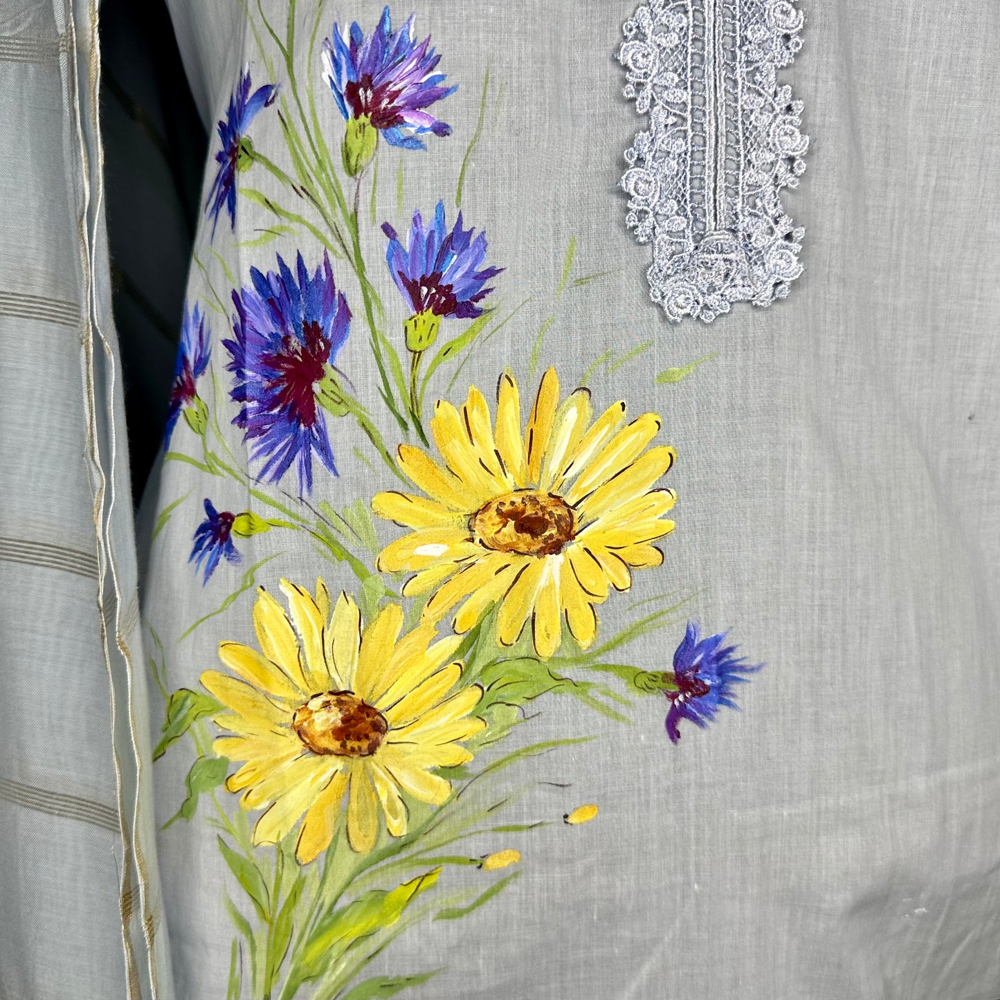 Pastel Blue Pure Cotton hand painted Elegant Semi formal Stitched Suit