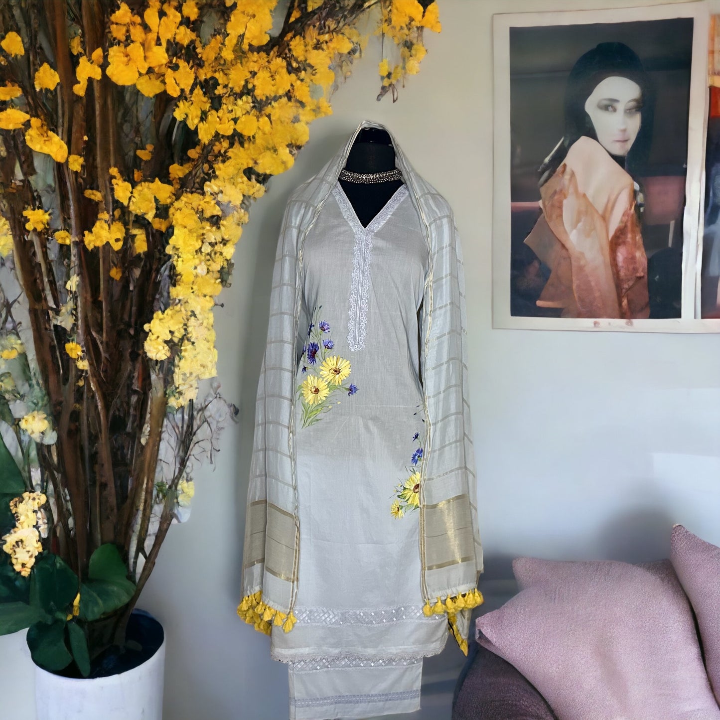 Pastel Blue Pure Cotton hand painted Elegant Semi formal Stitched Suit